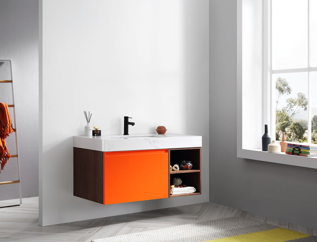 Karton Republic Manarola 60 Red Amber with Thick Quartz Wall Mount Modern Bathroom Vanity w/ Sink (Open Shelves) VAMANRA60WMQZ