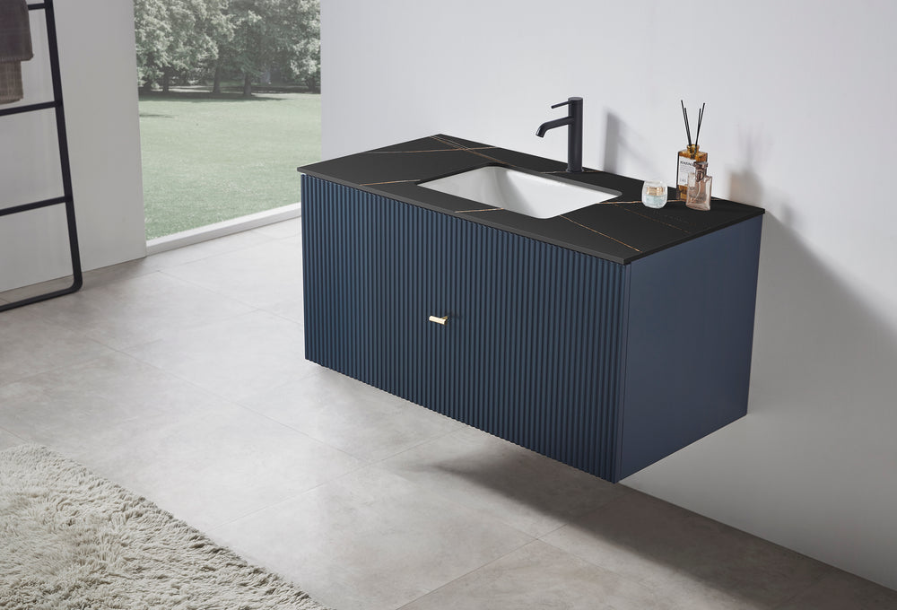 BARCELONA 42” DARK BLUE WALL MOUNT MODERN BATHROOM VANITY (BLACK COUNTERTOP)