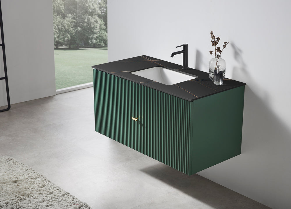 BARCELONA 42” FOREST GREEN WALL MOUNT MODERN BATHROOM VANITY (BLACK COUNTERTOP)