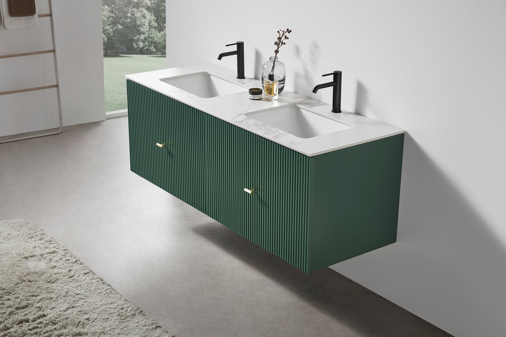 BARCELONA 60” FOREST GREEN WALL MOUNT MODERN BATHROOM VANITY (WHITE COUNTERTOP)