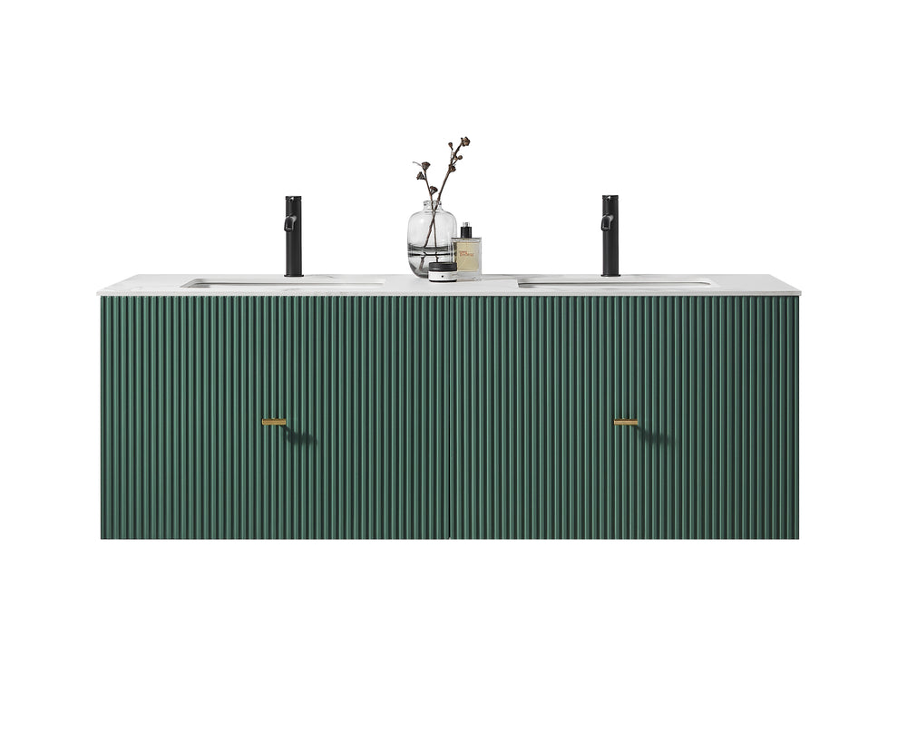 BARCELONA 60” FOREST GREEN WALL MOUNT MODERN BATHROOM VANITY (WHITE COUNTERTOP)