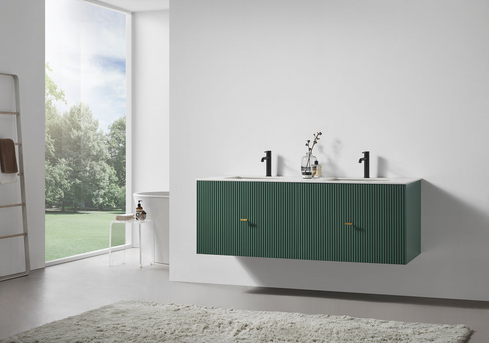 BARCELONA 60” FOREST GREEN WALL MOUNT MODERN BATHROOM VANITY (WHITE COUNTERTOP)