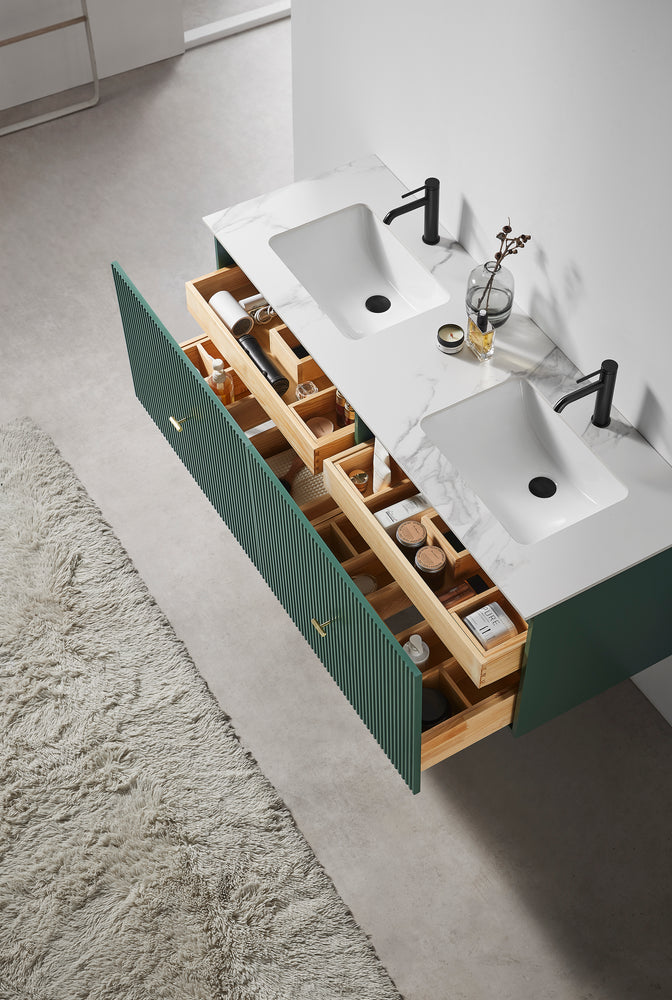 BARCELONA 60” FOREST GREEN WALL MOUNT MODERN BATHROOM VANITY (WHITE COUNTERTOP)