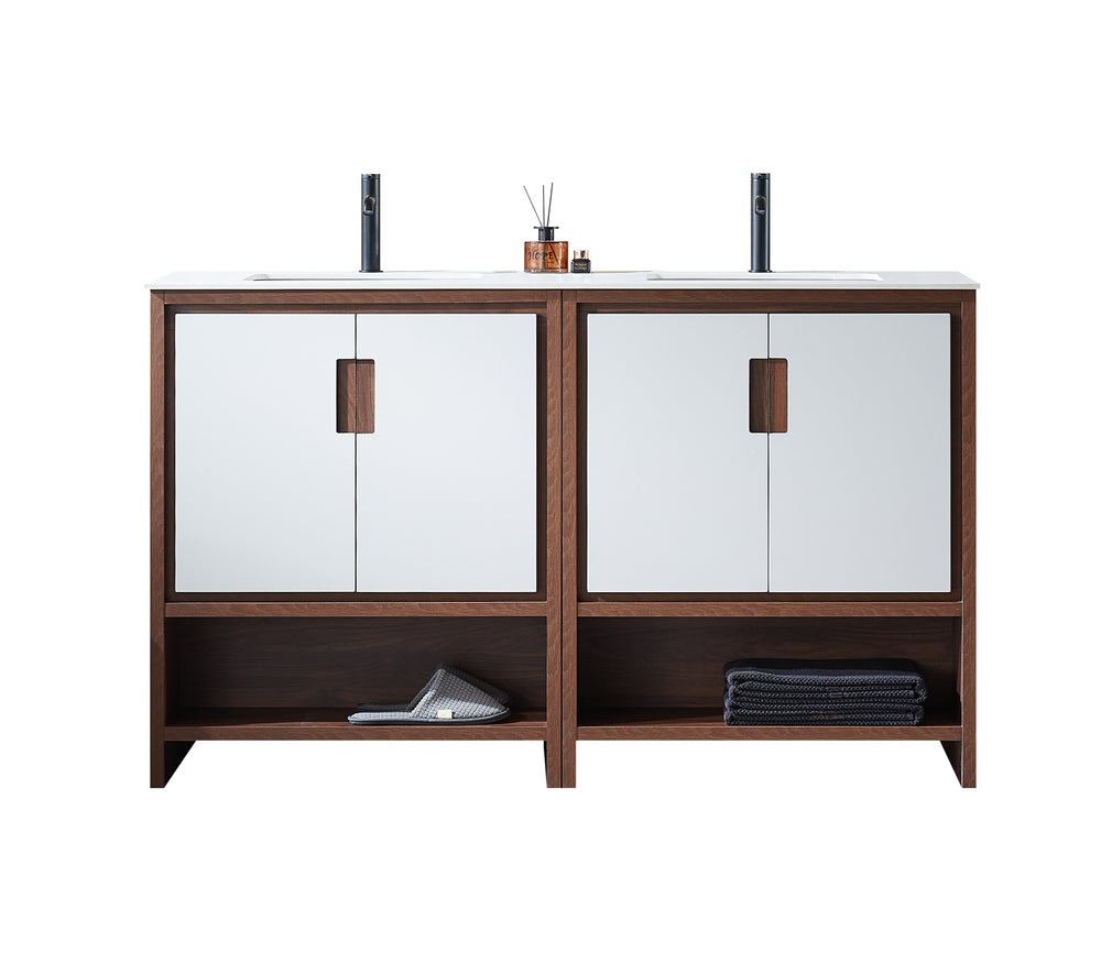 LYON 60” BEIGE/WALNUT MODERN FREESTANDING BATHROOM VANITY (WHITE COUNTERTOP)