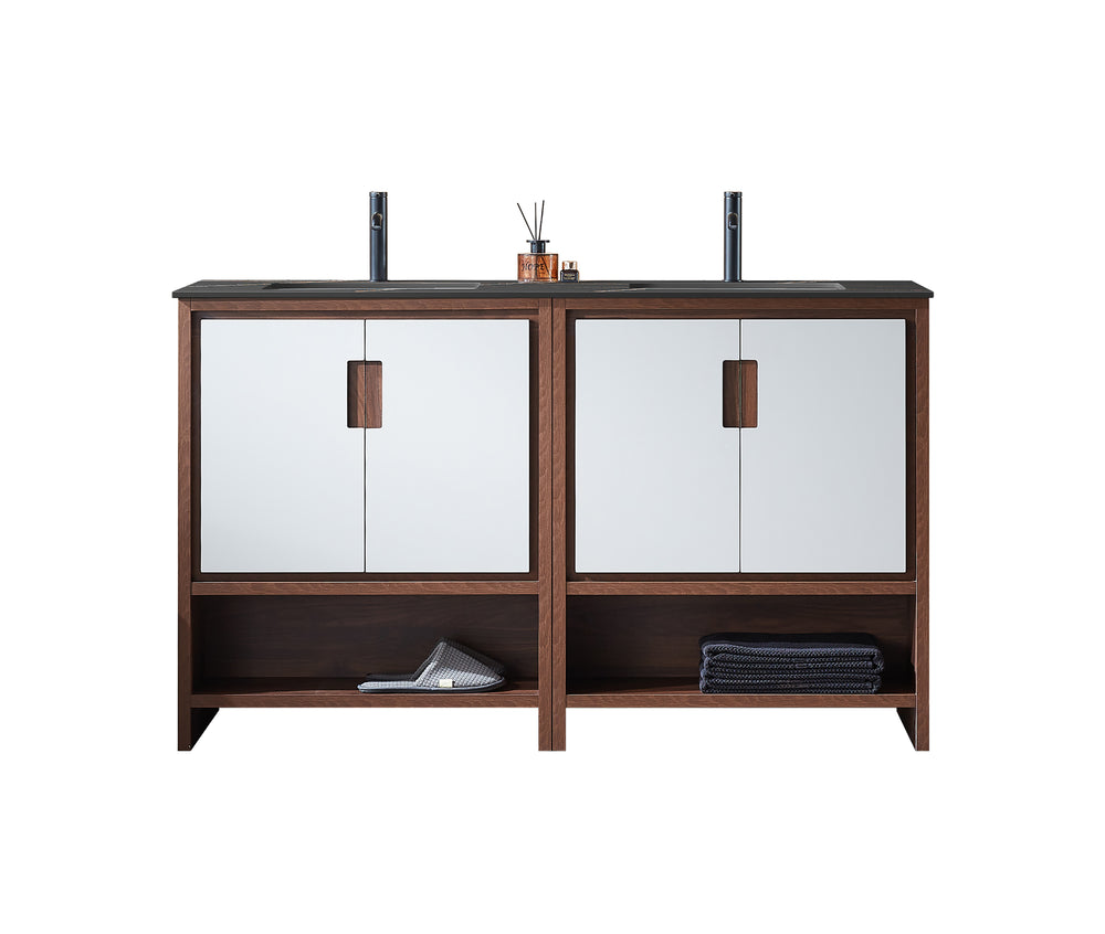 LYON 60” BEIGE/WALNUT MODERN FREESTANDING BATHROOM VANITY (BLACK COUNTERTOP)