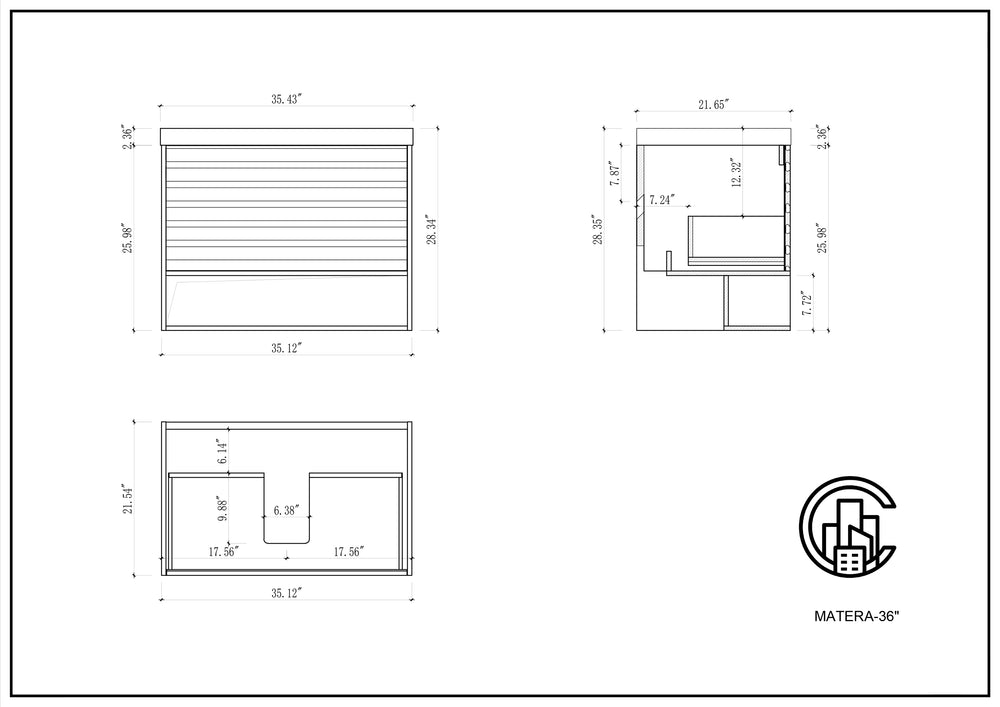 MATERA 36” CHARCOAL WALL MOUNT MODERN BATHROOM VANITY (BLACK COUNTERTOP)