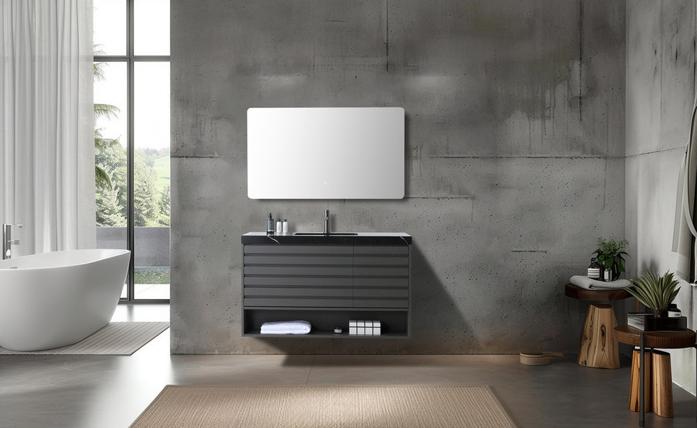 MATERA 48” CHARCOAL WALL MOUNT MODERN BATHROOM VANITY (BLACK COUNTERTOP)