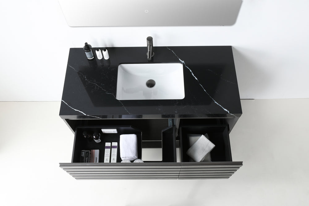 MATERA 48” CHARCOAL WALL MOUNT MODERN BATHROOM VANITY (BLACK COUNTERTOP)