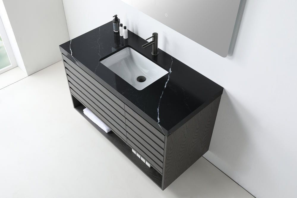 MATERA 48” CHARCOAL WALL MOUNT MODERN BATHROOM VANITY (BLACK COUNTERTOP)