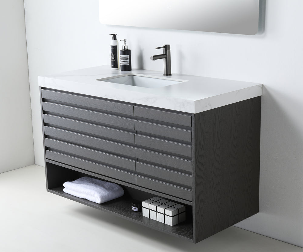 MATERA 48” CHARCOAL WALL MOUNT MODERN BATHROOM VANITY (WHITE COUNTERTOP)