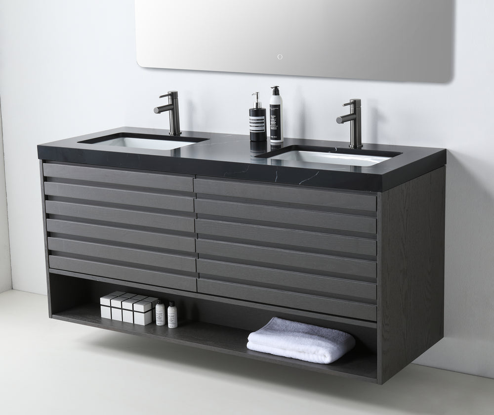 MATERA 60” CHARCOAL WALL MOUNT MODERN BATHROOM VANITY (BLACK COUNTERTOP)