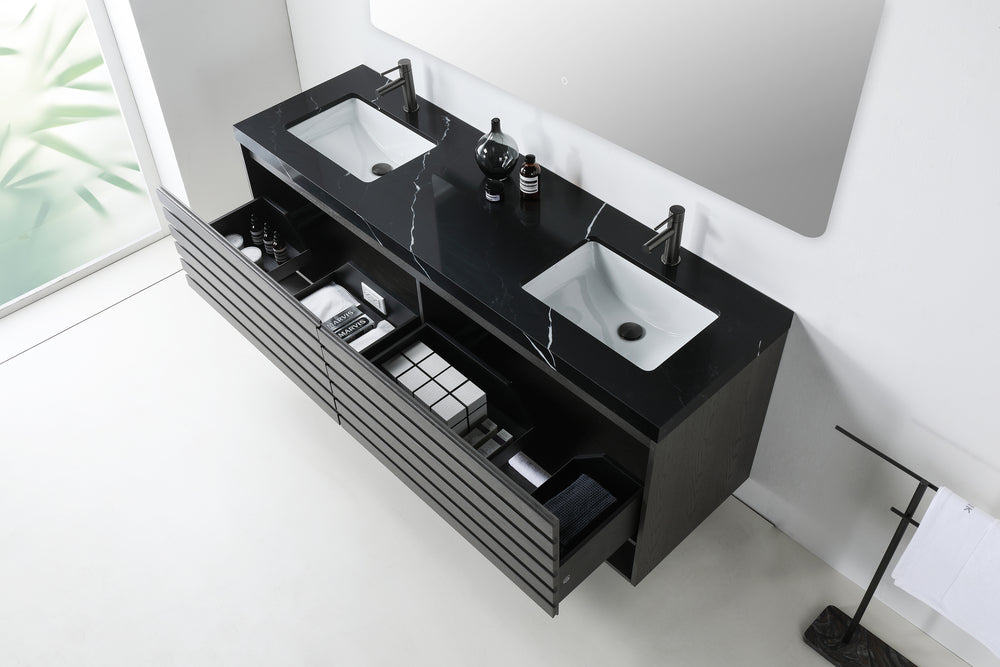 MATERA 72” CHARCOAL WALL MOUNT MODERN BATHROOM VANITY (BLACK COUNTERTOP)