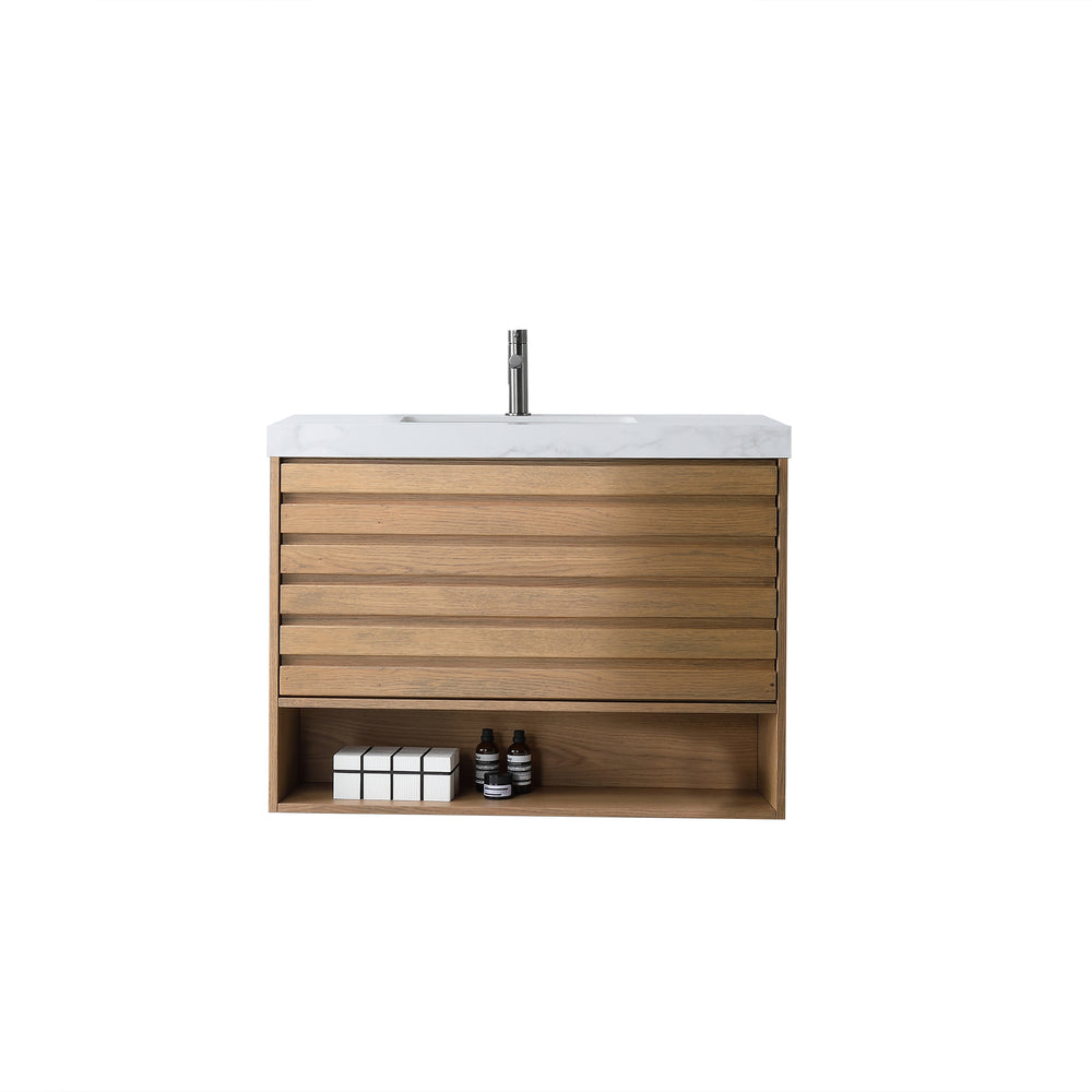 MATERA 36” PECAN OAK WALL MOUNT MODERN BATHROOM VANITY (WHITE COUNTERTOP)