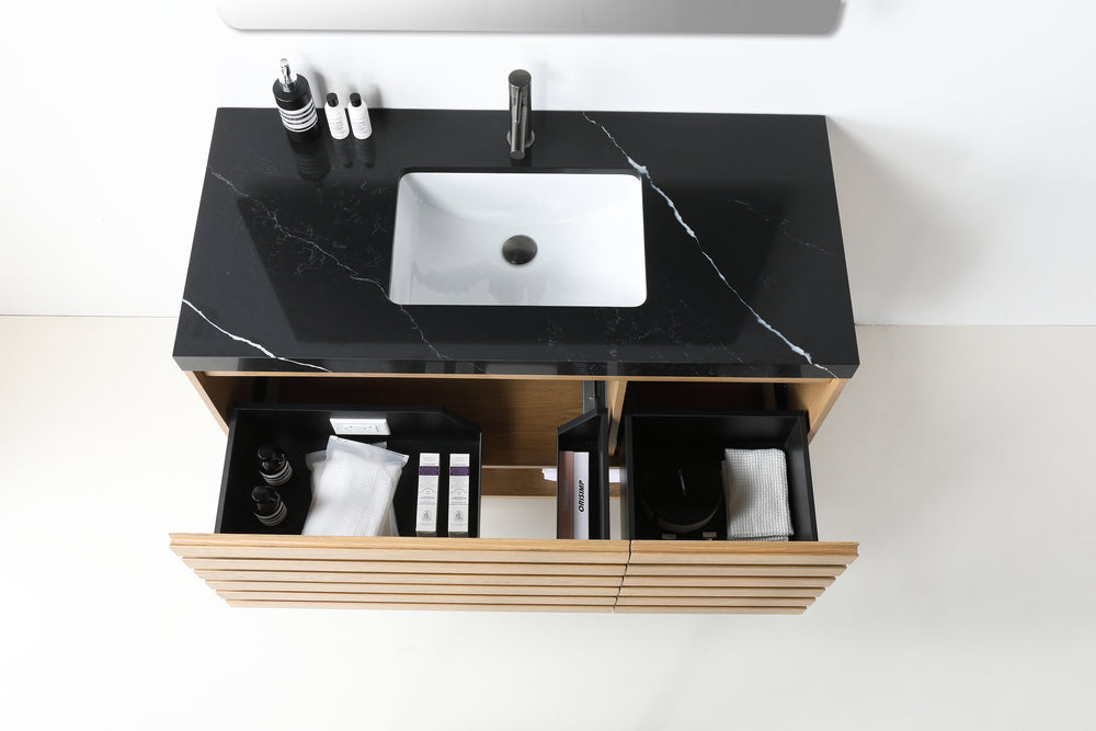 MATERA 48” PECAN OAK WALL MOUNT MODERN BATHROOM VANITY (BLACK COUNTERTOP)