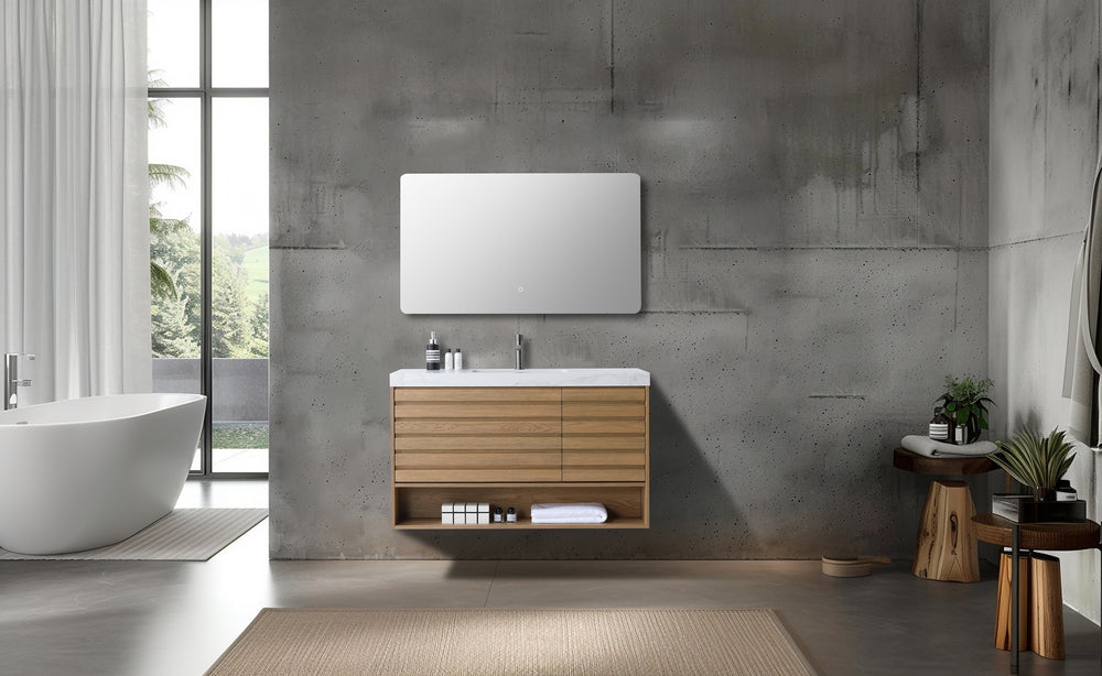 MATERA 48” PECAN OAK WALL MOUNT MODERN BATHROOM VANITY (WHITE COUNTERTOP)