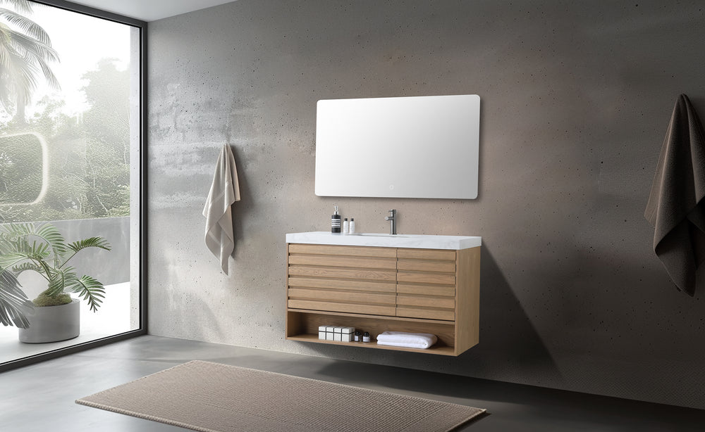 MATERA 48” PECAN OAK WALL MOUNT MODERN BATHROOM VANITY (WHITE COUNTERTOP)