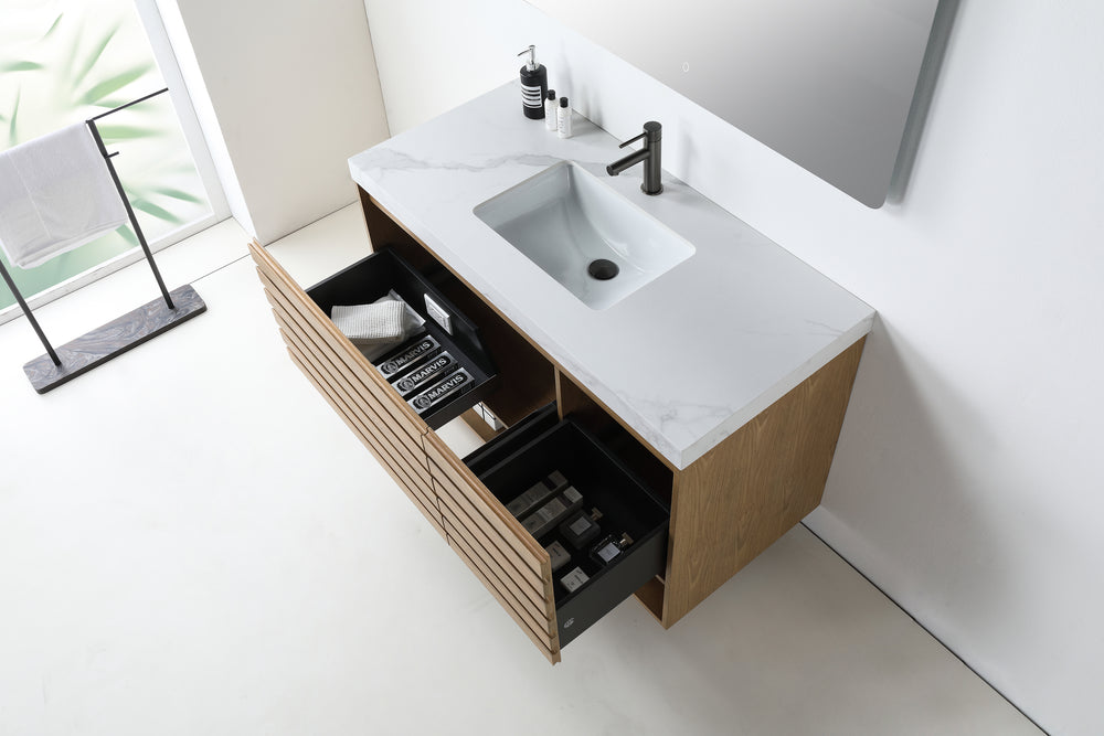 MATERA 48” PECAN OAK WALL MOUNT MODERN BATHROOM VANITY (WHITE COUNTERTOP)