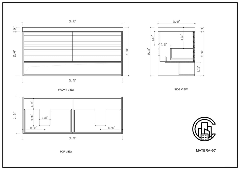 MATERA 60” PECAN OAK WALL MOUNT MODERN BATHROOM VANITY (BLACK COUNTERTOP)