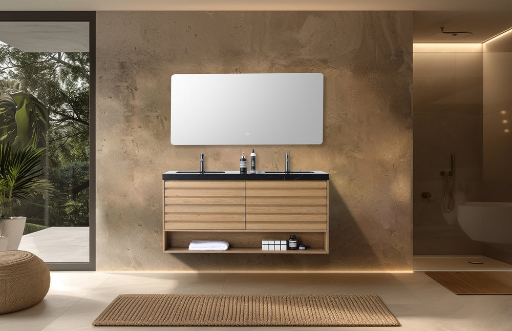 MATERA 60” PECAN OAK WALL MOUNT MODERN BATHROOM VANITY (BLACK COUNTERTOP)