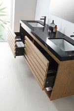 MATERA 60” PECAN OAK WALL MOUNT MODERN BATHROOM VANITY (BLACK COUNTERTOP)