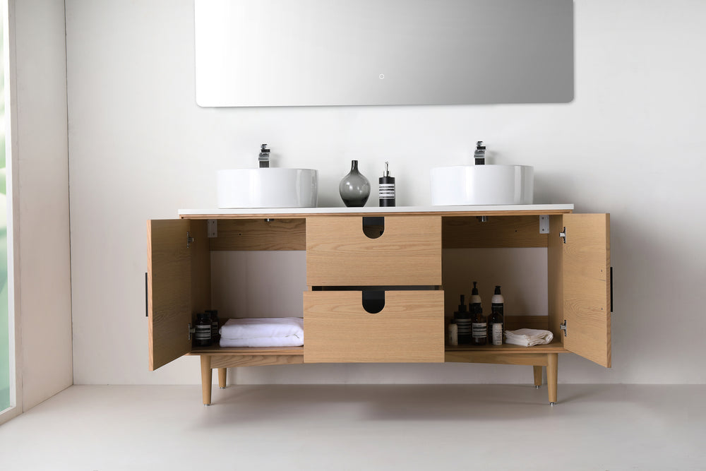 PORTREE 60” WHITEWASH OAK MID-CENTURY FREESTANDING BATHROOM VANITY