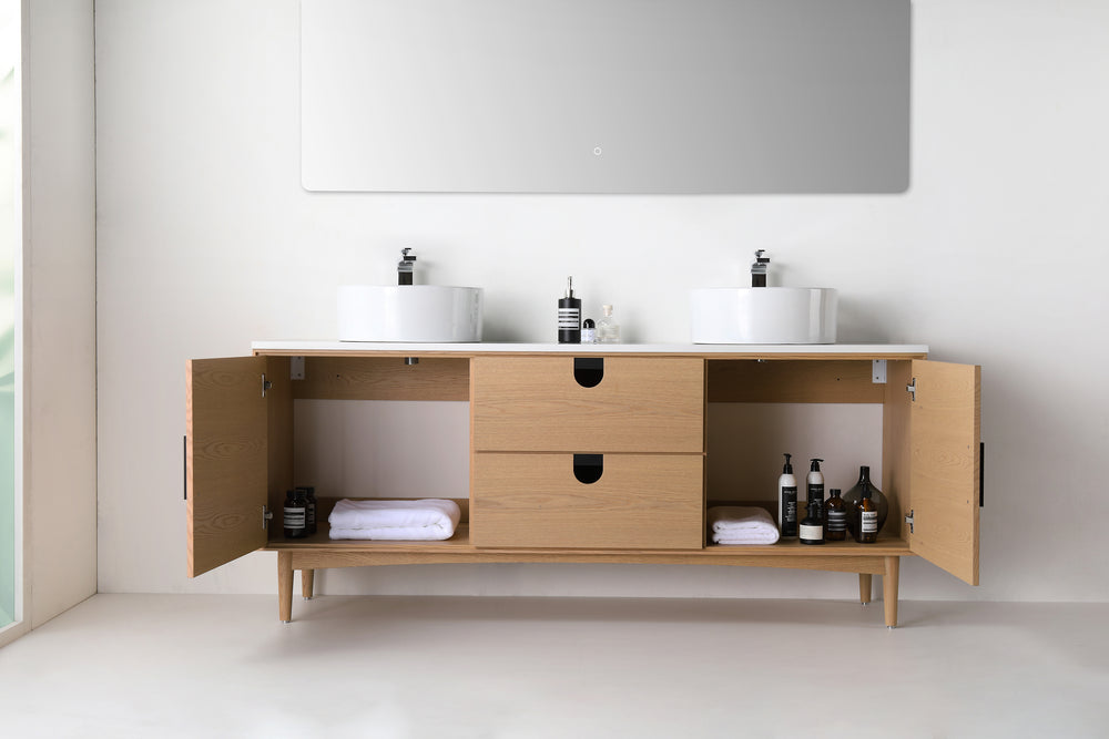 PORTREE 72” WHITEWASH OAK MID-CENTURY FREESTANDING BATHROOM VANITY