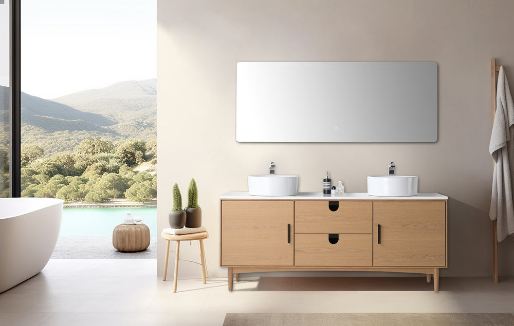 PORTREE 72” WHITEWASH OAK MID-CENTURY FREESTANDING BATHROOM VANITY