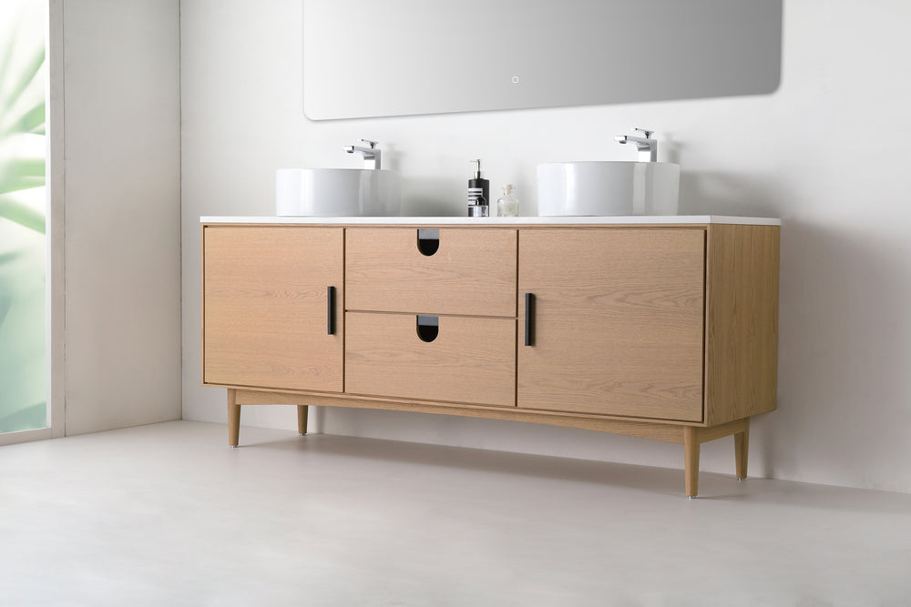 PORTREE 72” WHITEWASH OAK MID-CENTURY FREESTANDING BATHROOM VANITY