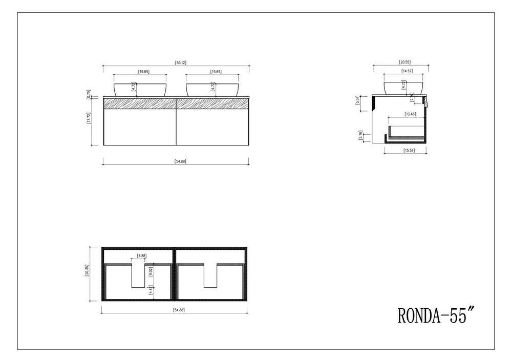 RONDA 55” SMOKE GRAY OAK WALL MOUNT MODERN BATHROOM VANITY