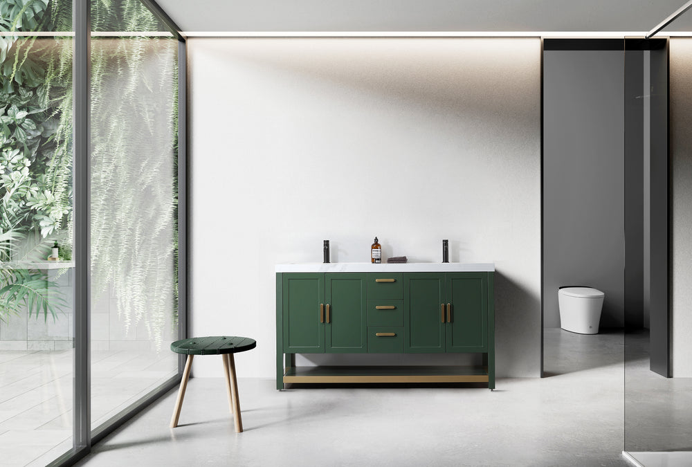 WINCHESTER 60” FOREST GREEN FREESTANDING MODERN BATHROOM VANITY (WHITE COUNTERTOP)