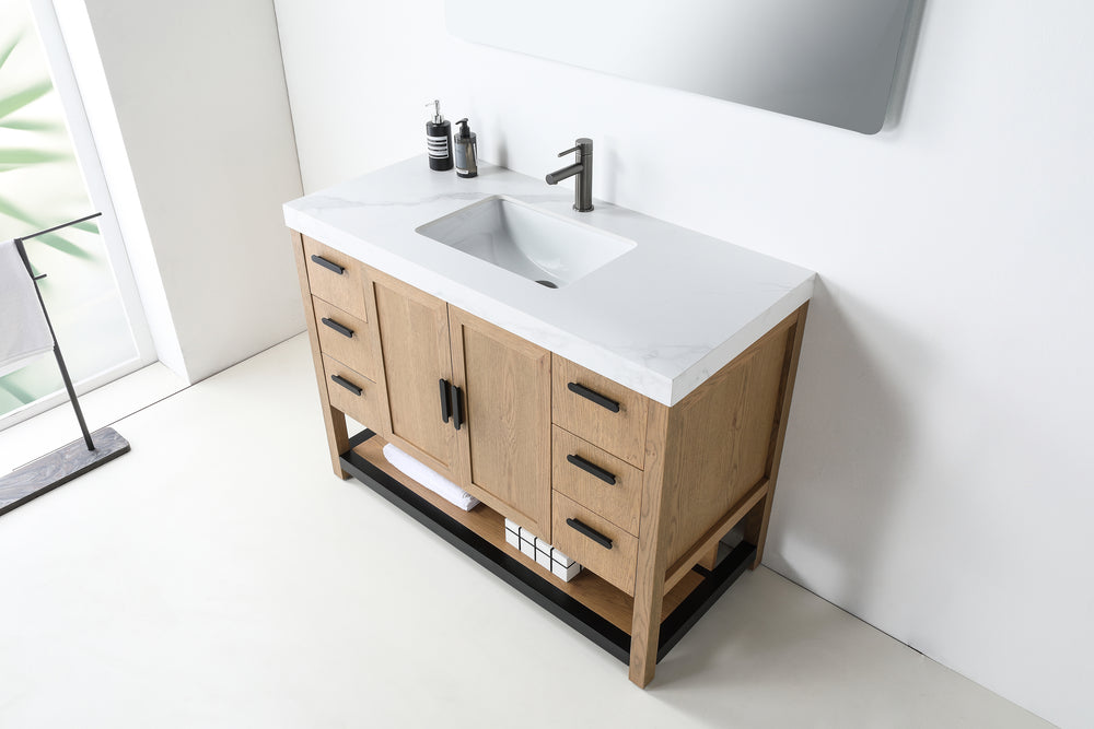 WINCHESTER 48” PECAN OAK FREESTANDING MODERN BATHROOM VANITY (WHITE COUNTERTOP)