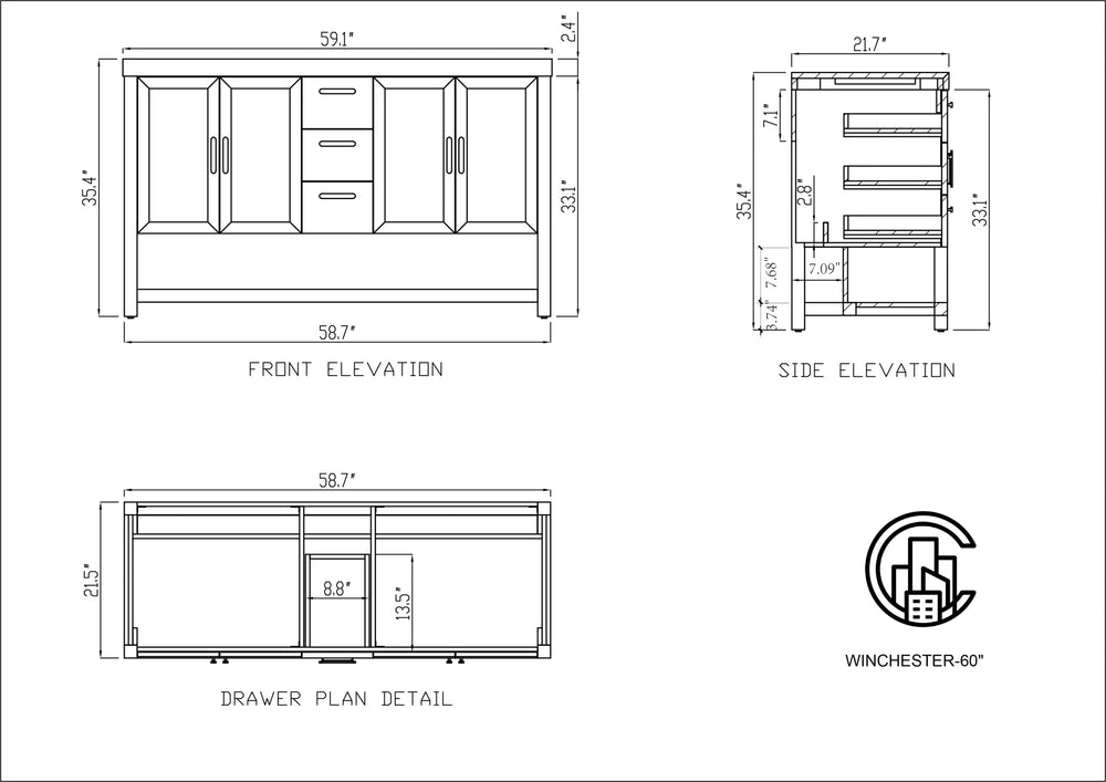 WINCHESTER 60” PECAN OAK FREESTANDING MODERN BATHROOM VANITY(BLACK COUNTERTOP)