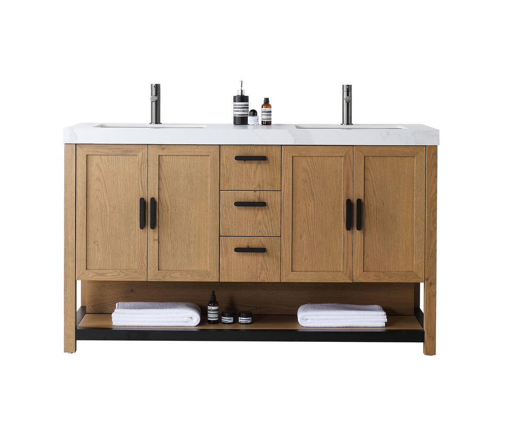 WINCHESTER 60” PECAN OAK FREESTANDING MODERN BATHROOM VANITY(WHITE COUNTERTOP)