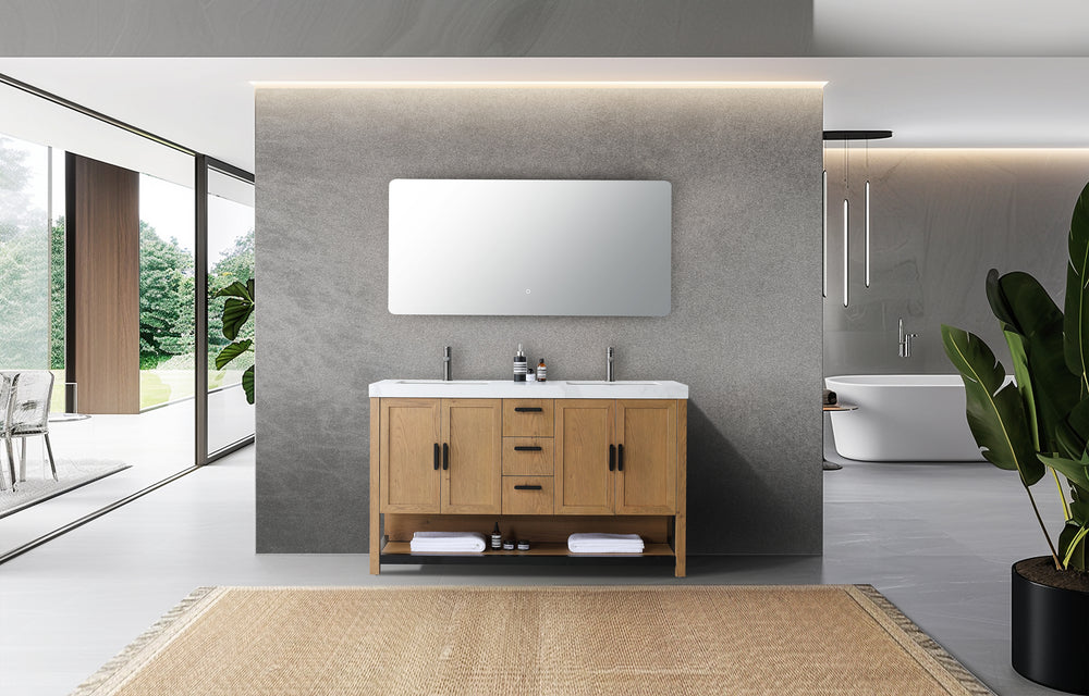 WINCHESTER 60” PECAN OAK FREESTANDING MODERN BATHROOM VANITY(WHITE COUNTERTOP)