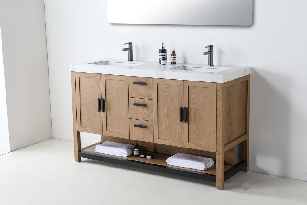 WINCHESTER 60” PECAN OAK FREESTANDING MODERN BATHROOM VANITY(WHITE COUNTERTOP)