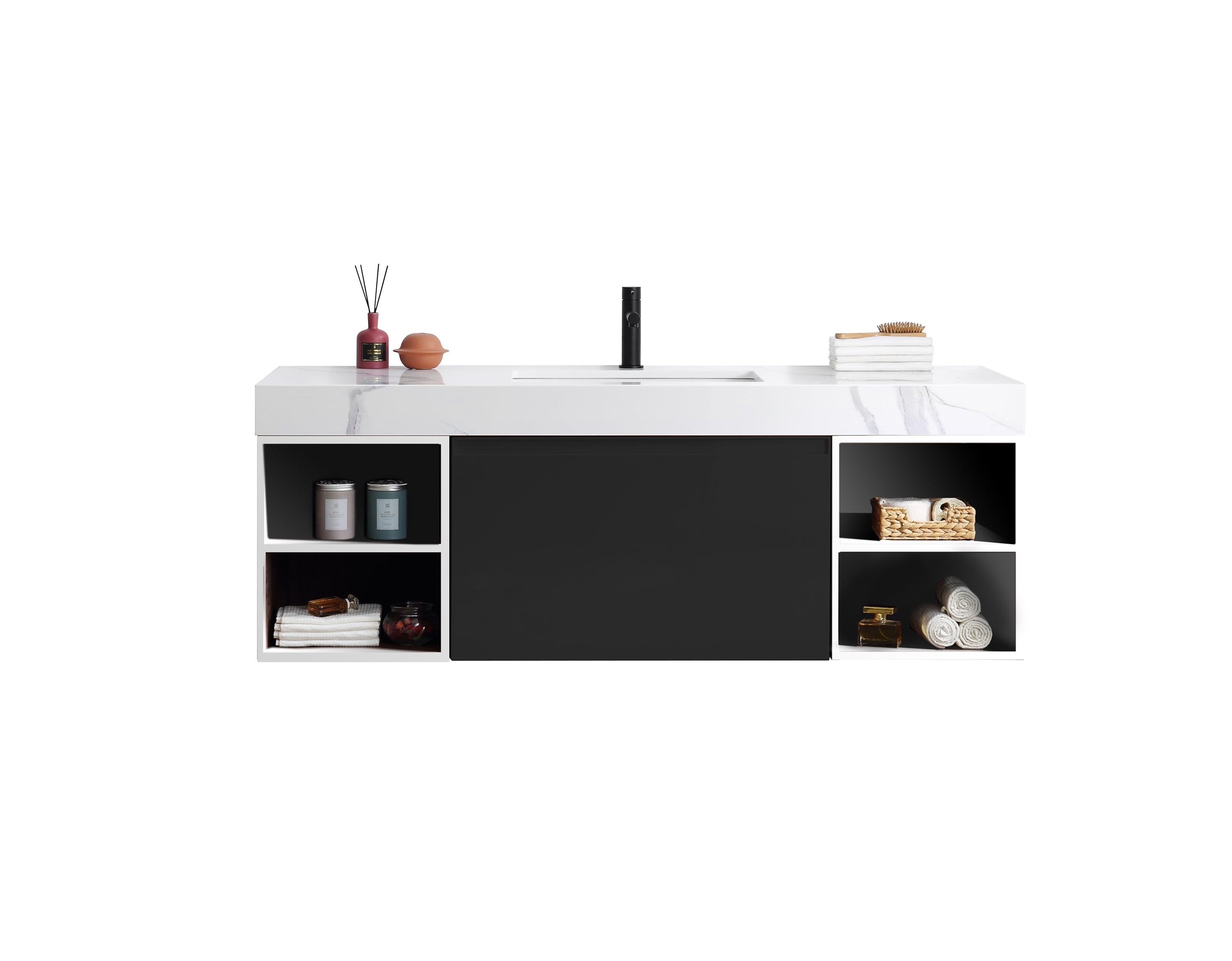 Karton Republic Manarola 42 Matte Black Wall Mount Modern Bathroom Vanity W/Sink (Open Shelves) VAMANMB42WMQZ